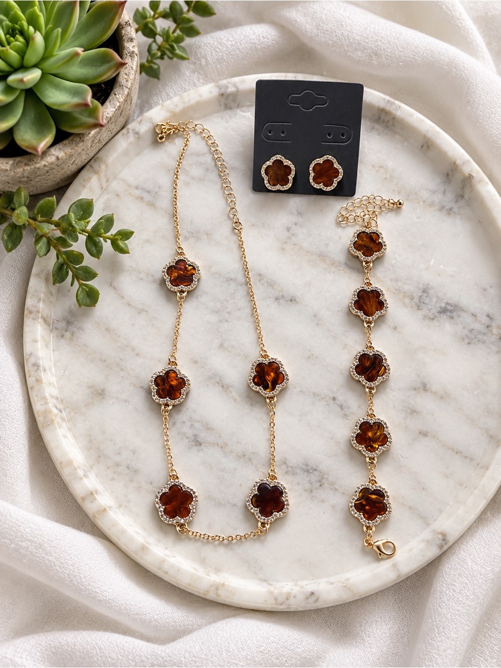 Gold-Tone Brown Flower Pendant Necklace, Bracelet & Earring Set
